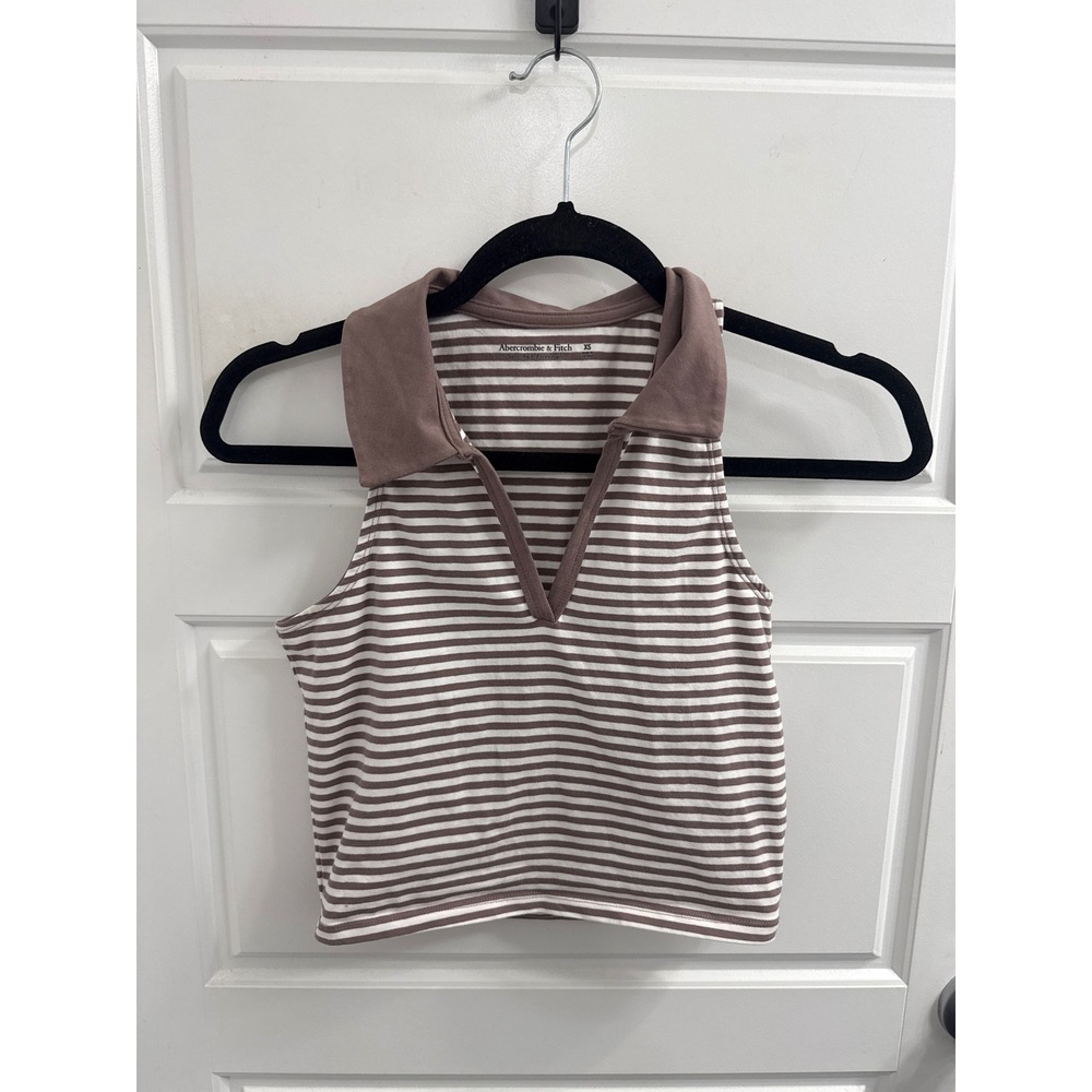 Abercrombie & Fitch Brown White Striped Sleeveless Polo V-Neck Crop Top XS